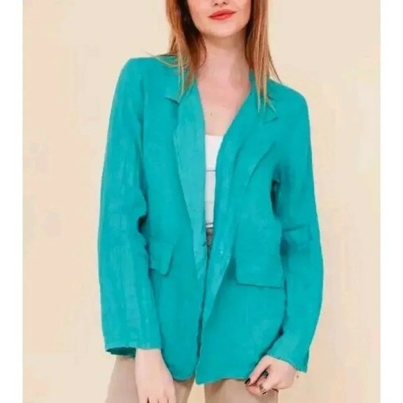 Eileen Fisher 100% Irish Linen Jacket Sea Green One Button Long Sleeve Size XL - Picture 1 of 12